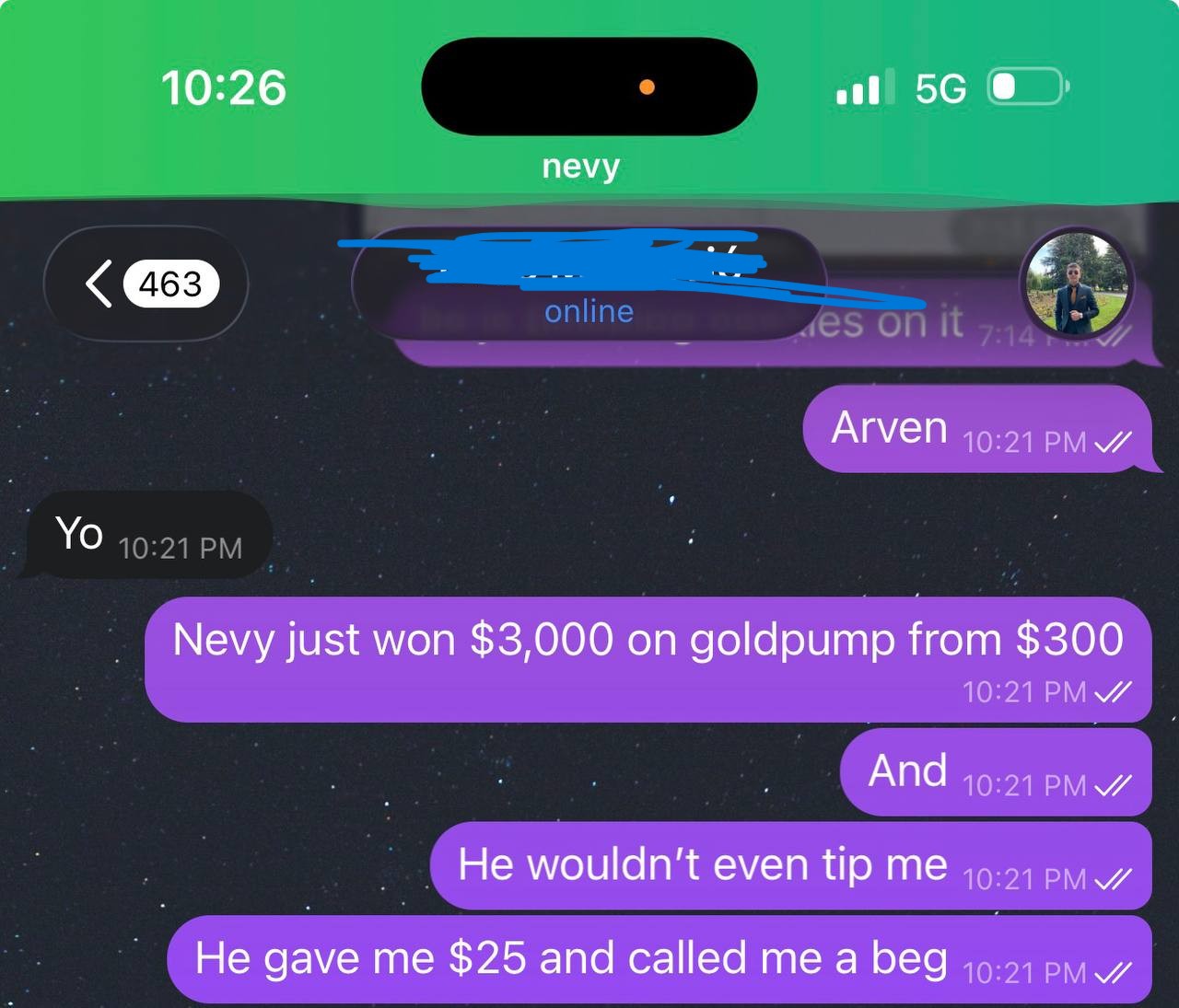 Pebble begging Arven for money